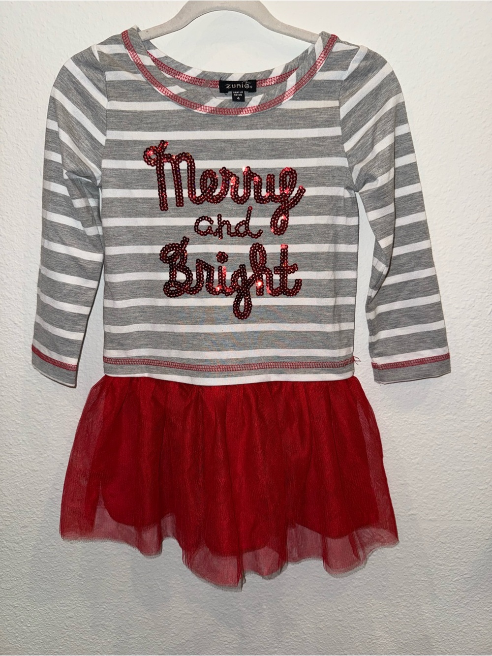 Zunie Gray & White Stripe Long-Sleeve Top with Red Tulle Skirt